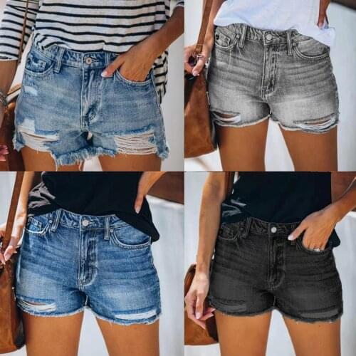 New 2021 Summer Black Blue Gray Shorts Straight Washing Water Ripped Casual Womens Jeans