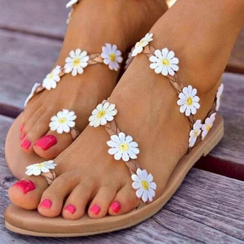 2021 Women Flat Shoes Summer Bohemian Gladiator Roman Sandal Lace Straps Floral Style Sandalias Mujer White Female Beach Shoes