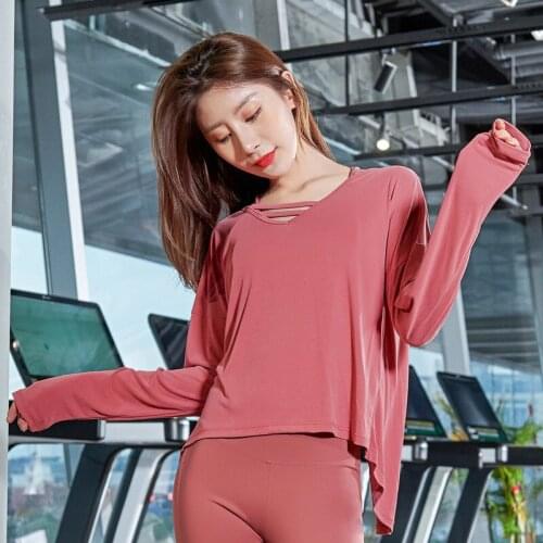 Women Back Split Backless Long Sleeves V Neck Sexy Spring Yoga Shirts Loose Comfortable Breathable Quick Dry Running Sports Tees
