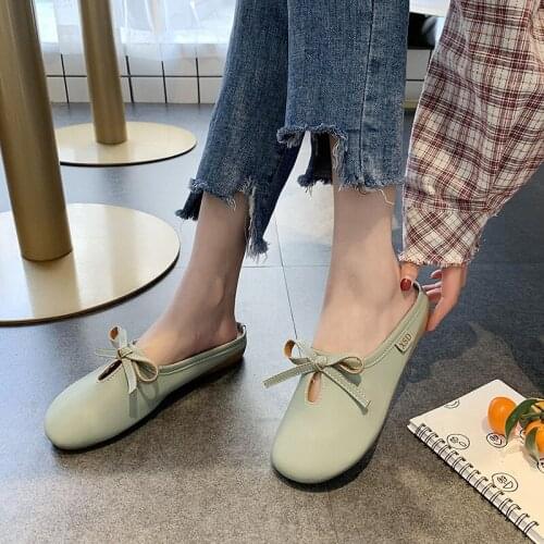 Women slippers outside Spring Half drag comfortable round head soft skin-friendly flat non-slip bow sweet wild shoe women U30-38
