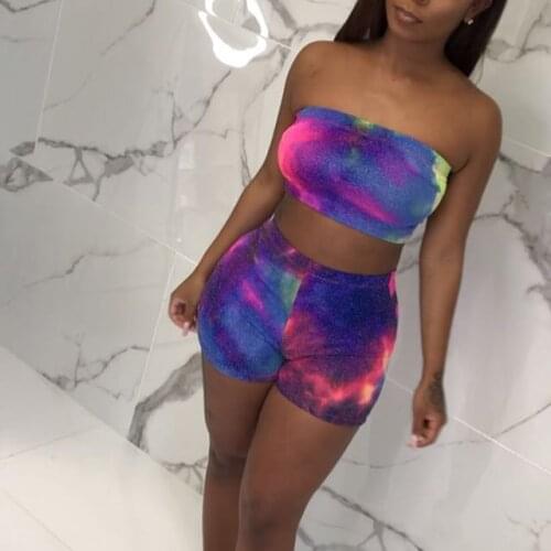 Plus size Tie dye two piece set Summer women sexy shorts set Bandage Sleeveless Crop Top+ High waist shorts clothing set