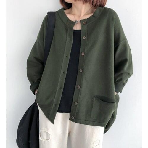 2021 Spring Autumn Thin Knit Long Sleeve Cardigan Solid Color Loose Coat Outside O neck Korean Pockets Coat Female YoYiKamomo