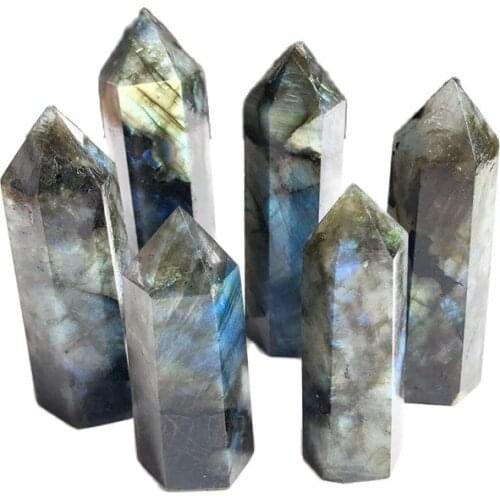 1PC Natural Crystal Labradorite Hexagonal Column Crystal Point Mineral Ornament Healing Wand Home Decor DIY Gift Decoration