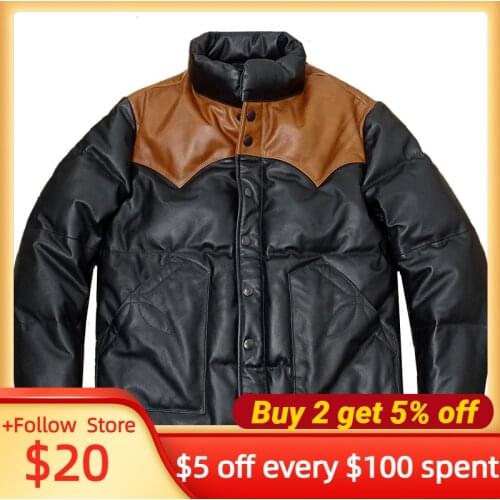 2021 Black Japan Casual Style Genuine Leather Down Jacket Plus Size 4XL Real Natural Thick Cowhide Winter Warm Spliced Coat