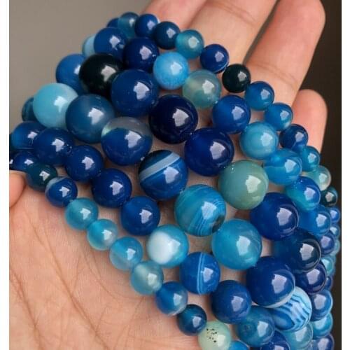 Natural Stone Blue Striped Agate Beads Round Loose Spacer Beads for Jewelry Making Diy Bracelet 15inches 4/6/8/10/12/14mm