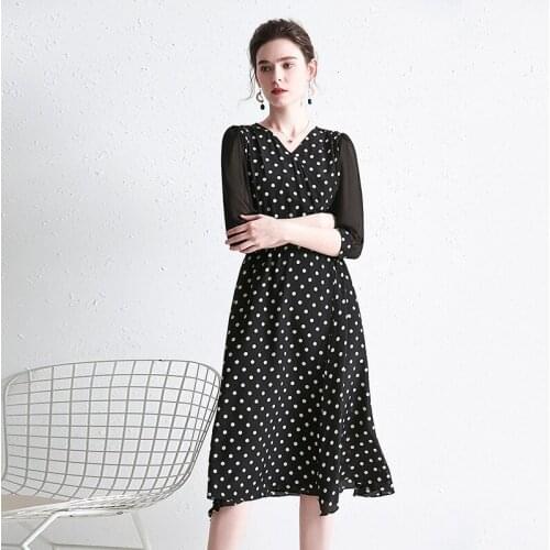 Black Polka Dot Floral Silk Dresses Women Fashion 2021 Summer Long Casual Sexy Office Work Daily Dress Plus Size Slim Fit A Line