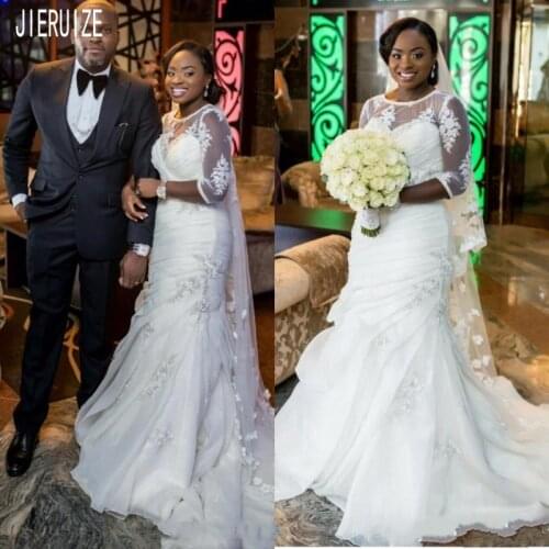 JIERUIZE Newest Elegant Mermaid Wedding Dresses Scoop Neck Half Sleeve Lace Appliques African Pleat Wedding Gowns robe de mariee
