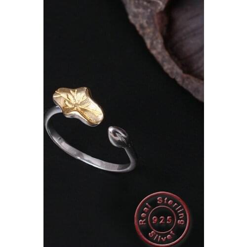 Amxiu Simple Style Thin Ring 100% 925 Sterling Silver Open Rings Two Tones Color Bud Lotus Rings For Women Daily Jewelry Bijoux