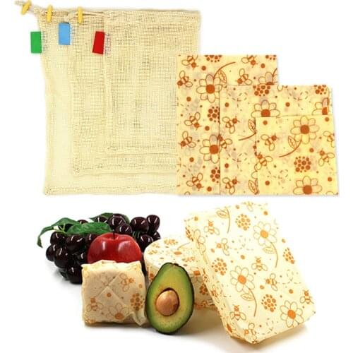Reusable Food Fresh Keeping Sets 3pcs Beeswax Wrap Cloth + 3Pcs Degradable Organic Cotton Mesh Storage Bag Eco Friendly