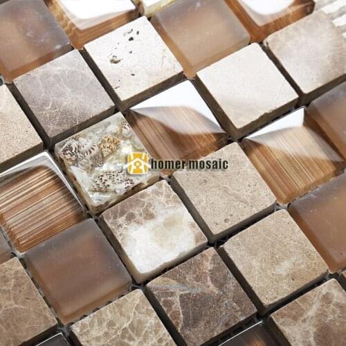 Crystal glass mixed marble stone mosaic tiles with natural shells EHGM1077 for bathroom and kitchen backsplash free shipping