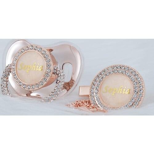 MIYOCAR Personalized Name rose gold all bling pacifier and clip set unique design New Born gift Photography no for daily use