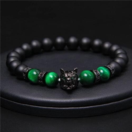 New Handmade Beaded Bracelet Mens Natural Gemstone Blue Tiger Eye Beaded Bracelet Black Wolf Headdress Energy Bracelet Jewelry