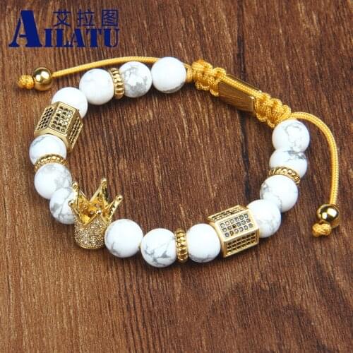 Luxury Gold Color King Crown Charm Bracelet Men Stone Bead Braid Pulseira Masculina Jewelry Stainless Steel Logo Engrave