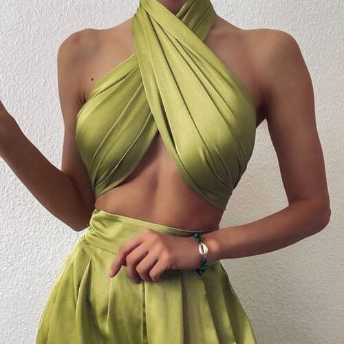Sexy Wrap Boob Sleeveless Backless Bandage Cropped Mini Vest Chic Women Satin Criss-Cross Halter Top Bustier Cami Elegant Lady