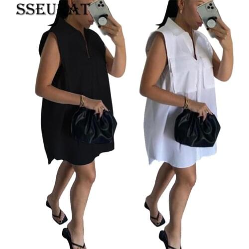 SSEURAT Women Elegant Dress 2021 Summer Sexy Turn-Down Collar Party Dress Long Sleeve Dresses Pockets