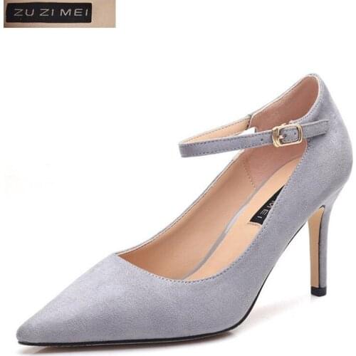 Women Pumps Spring Autumn Buckle Strap 8CM Shallow Pointed Toe Buckle Shoes Flock High Heels Pumps Shoes Ladies
