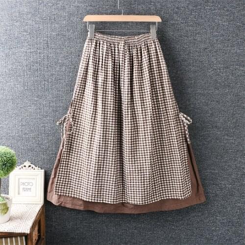 Spring and autumn new style womens art small fresh elastic waist fake two-piece plaid/small floral cotton and linen skirt