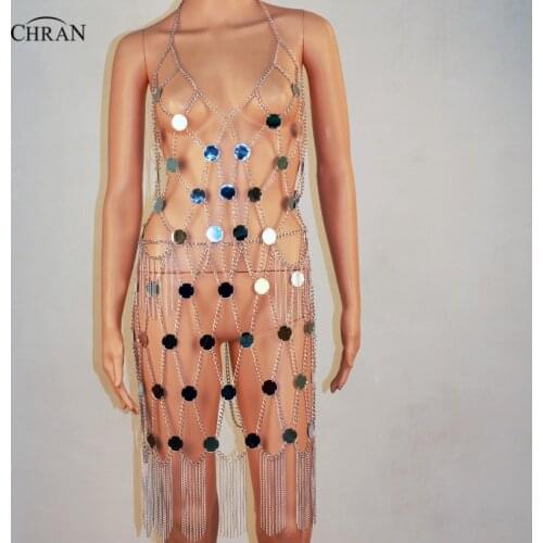 Chran 2 pieces Mirror Neklace Disco Bandeau Bralette Crop Top + Sexy Metallic Chain Skirt Bikini Swimwear Party Jewelry CRM205