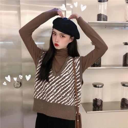 Zebra pattern knitted vest ladies Korean style loose fashion outer jacket women spring and autumn sleeveless sweater casual