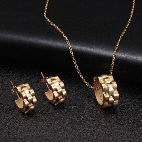New Brand Round Stainless Steel Women Female Charm Crystal Jewelry Set Wedding Party Necklace and Earrings Birthday Gift