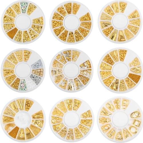 1Box Rivet Nail Studs 3D Nail Art Decoration Gold Silver Circle Star Round Square Triangle Mixed Accessories in Wheel for DIY #T