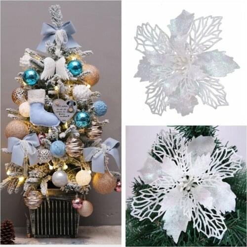 6Pcs 16cm Christmas Poinsettia Flowers Artificial Glitter Poinsettia Christmas Tree Ornaments Decorative Floral Accessories
