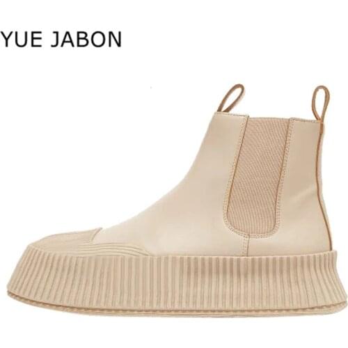 Beige Black Soft Leather Ankle Boots Women Round Toe Thick Bottom Real Leather Chelsea Boots Fashion Martin Boots botas feminina