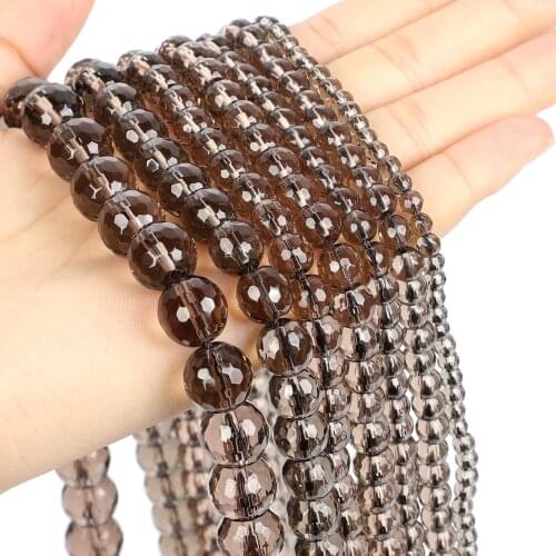 15" Strand Natural Stone Beads Faceted Brown Clear Quartz Crystals Round Loose Beads For Jewelry Making Bracelet Neck 4-12mm