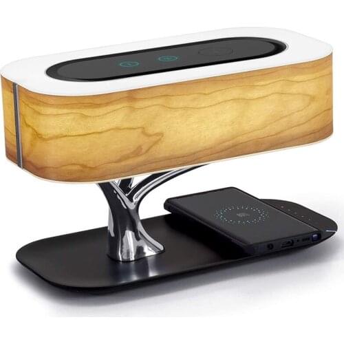 Innoliance Wood Bedroom Modern LED Table Lamp Dimmable Bt Phone Charger Wireless Desk Bedside Speakers
