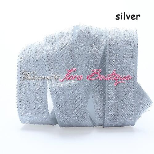 Hot sale silver glitter thread fold over elastic for girl hair accessories, 50 yards/lot metallic foe