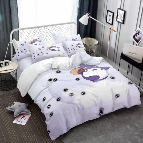3D Printed Purple White Totoro Walking Black Susuwatari Duvet Cover Set With White Stars 3PCS Anime Home Kids Totoro Bedding Set