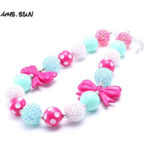 MHS.SUN 2PCS Fashion Hot Pink Bow Kid Chunky Necklace Bubblegum Bead Baby Girl Chunky Necklace Jewelry For Toddler Children