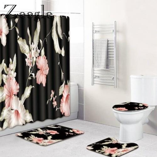 Zeegle Print Floral Bath Mat Set with Shower Curtain Bathroom Carpet Toilet Floor Rug Bathroom Bath Mat Anti-slip Mat for Toilet