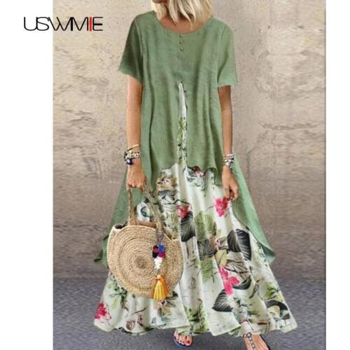 Free Shipping Dresses For Women New Printed Outwear Round Neck Fake Two Piece Dress Elegant Dress Hit Color Vestidos