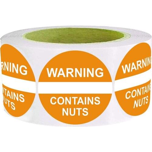 Contains Nuts Labels 1.5 Inch Orange Food Advisory Labels White Imprint Round Circle Dots 500 Adhesive Stickers
