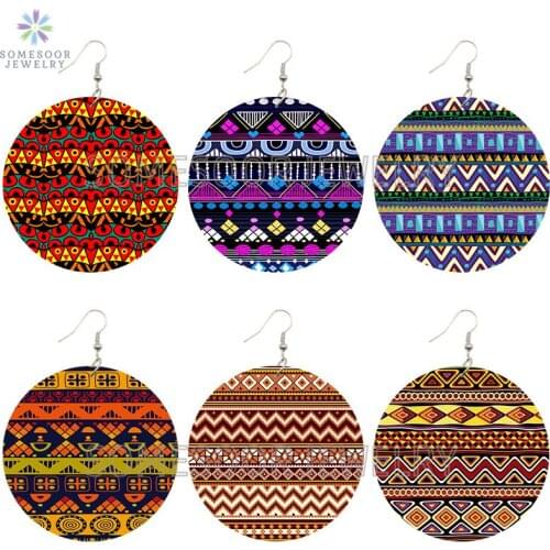 SOMESOOR Afrocentric Ethnic Fabric Designs Collection African Wooden Drop Earrings Printed Bohemian Loops Dangle For Women Gifts