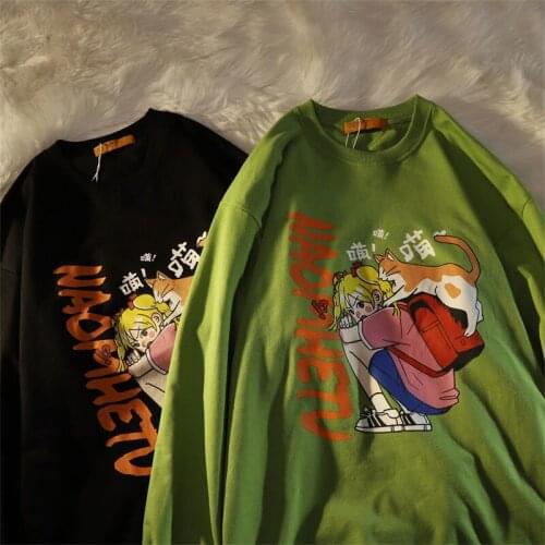 Hip Hop Streetwear Fun Cartoon Girls Cats Kanji Print Sweatshirt Women O-neck Long Sleeve Tops Kawaii Teens Clothes Casual 2021