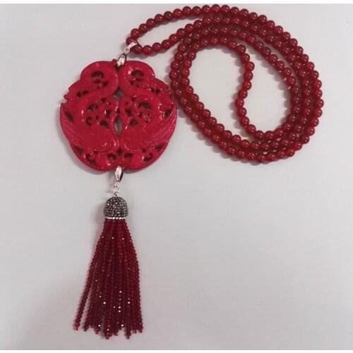 Vintage Asia Ancient Sculpture Carving Art Pattern Red Semi Precious 6mm Onyx Beads Stone Tassel Pendant Necklace DIY Jewelry