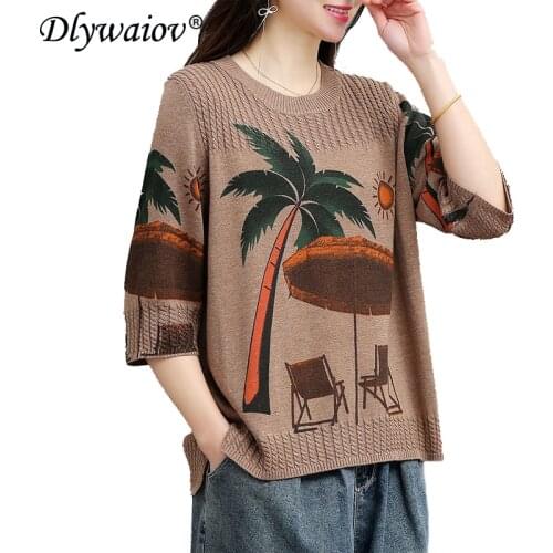 Knitted Pullover Women Loose Printed Clan style Half sleeve T shirt 2021Ladies T-shirt summer Female clothes spring fashion tops