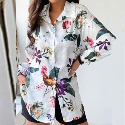 Women Single Breast Irregular Autumn Elegant Blouses Print Turn-Down New Tops Office Lady Sexy V-Neck Back Cut-Out Casual Shirt