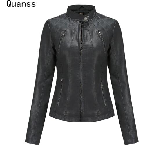 Quanss Spring Autumn Womens Faux Leather Jacket Black Moto Biker Casusl Pu Outwear Female Fashion Thin Zipper Coats And Jackets