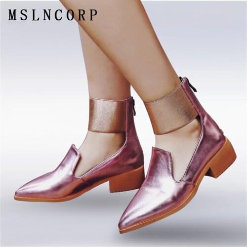 Plus Size 34-43 New Arrival Fashion Sexy Pointed Toe Ankle Elastic band Strap Flats Woman Low Heel Elegant Zip Women Shoes Boots