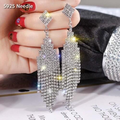 925 Sterling Silver Needle Long Dangle Drop Earrings for Women Jewelry Statement Rhinestone Punk Rock Female Tassel Earrings