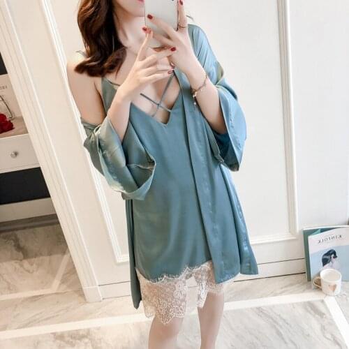 Female Twinset Robe Set Summer Sleepwear Lace Nightgown Sexy Satin Kimono Bathrobe Bride Bridesmaid Wedding Dressing Gown M-XL
