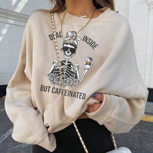 Women Long Sleeve Funny Skull Skeleton Text Splicing Printing Pullover Sweatshirt Top Halloween Solid Color All-match Sweatshirt