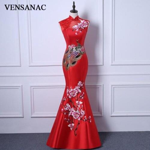 VENSANAC Vintage 2018 Pattern Embroidery Backless Mermaid Long Evening Dresses Party High Neck Lace Crystal Prom Gowns