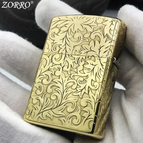 Zorro New Kerosene Lighter Pure Copper five-sided Carved Windproof Grinding Wheel Mens Smoking Accessories Lighter
