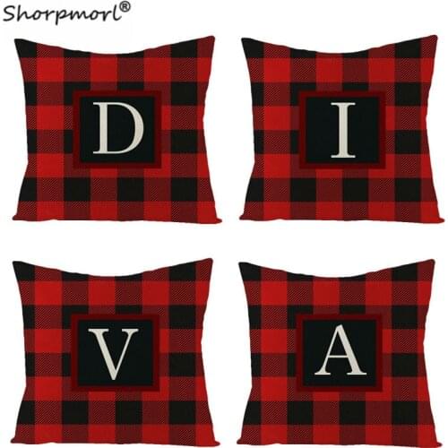 2021 New Arrvial Red Black Lattice Cushion Cover Home Decor Polyester Linen Sofa Car English Letters Pillow Cases 18x18 Inch