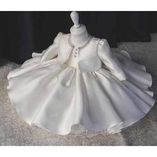 2Pcs Children First Birthday Party Dresses For Baby Girls Princess White Gown Infant Wedding Vestidos Kids Bow Dress with Coat