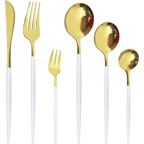 6Pcs Knife Cake Fork Dessert Spoon Dinnerware Flatware White Gold Cutlery Set Mirror Stainless Steel Silverware Tableware Set